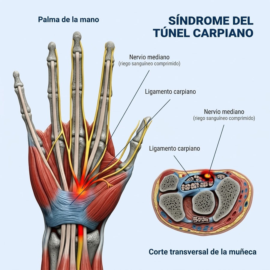 El nervio mediano apretado y sin riego dentro de la muñeca