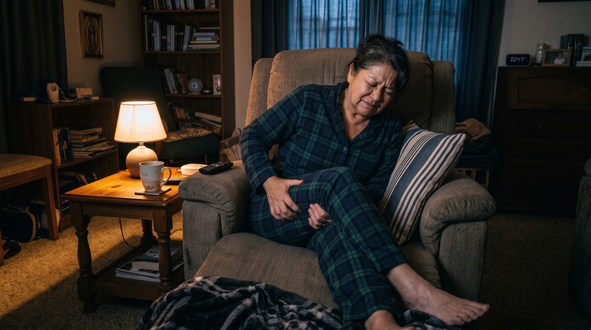 Lucía despierta de noche en un sillón reclinable, con dolor de cadera