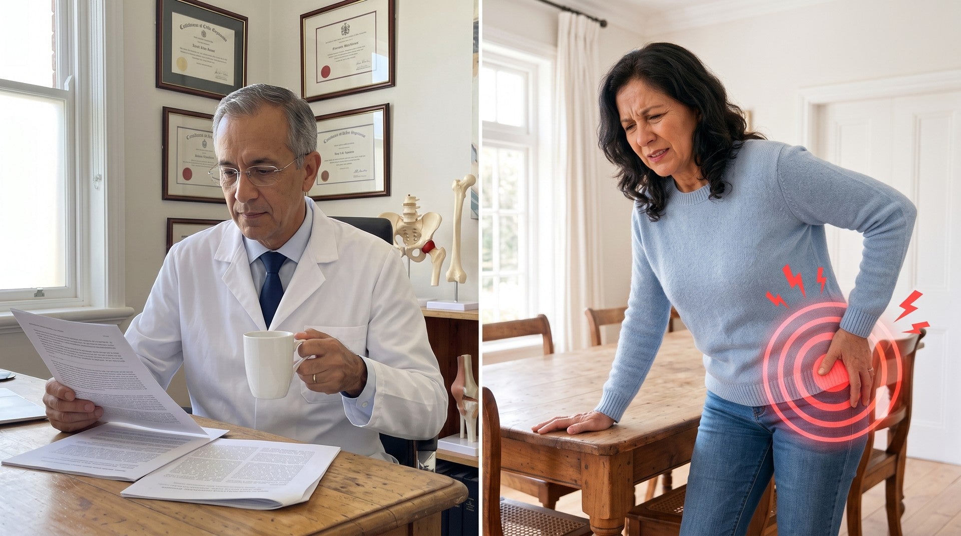 El traumatólogo leyendo estudios y una mujer con dolor de cadera