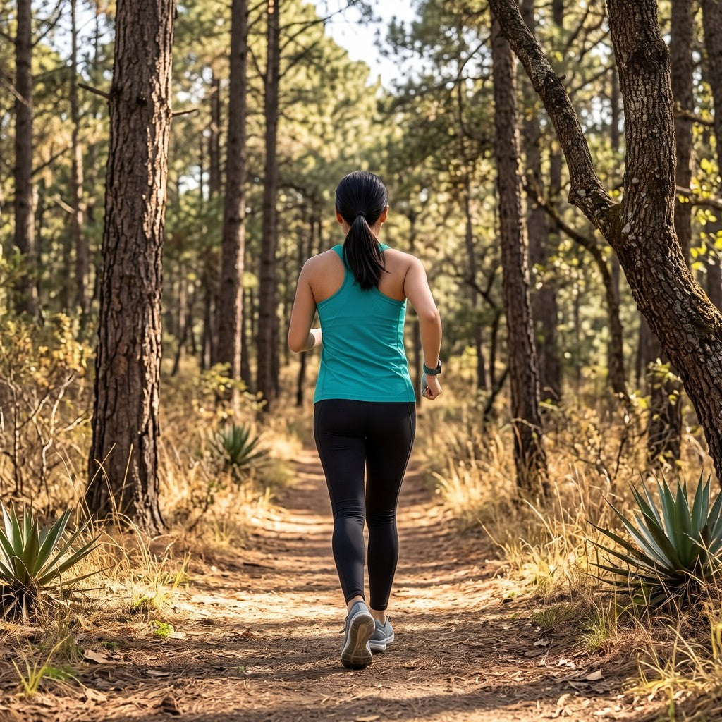 Mujer corriendo por un sendero del bosque